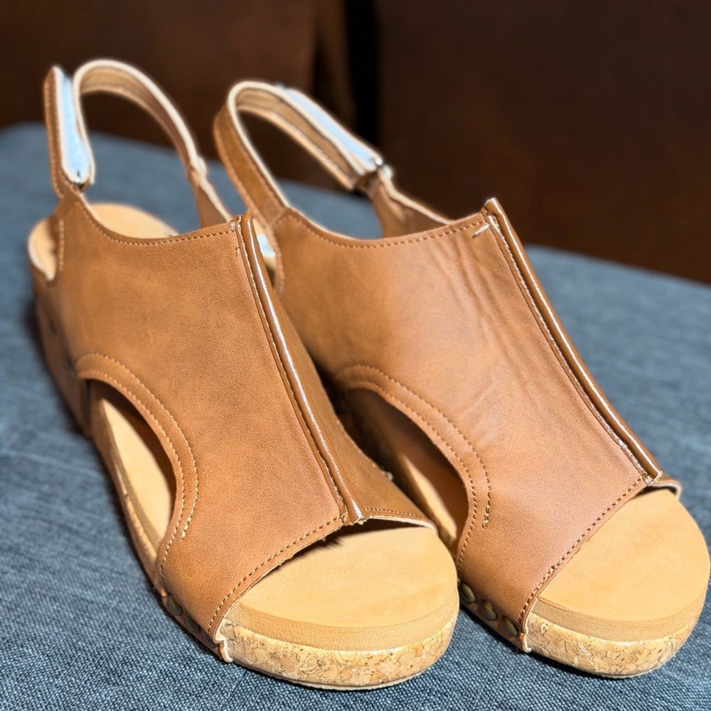Womens Tan Open-Toe Slingback Cork Wedge Sandals - Picture 6 of 6